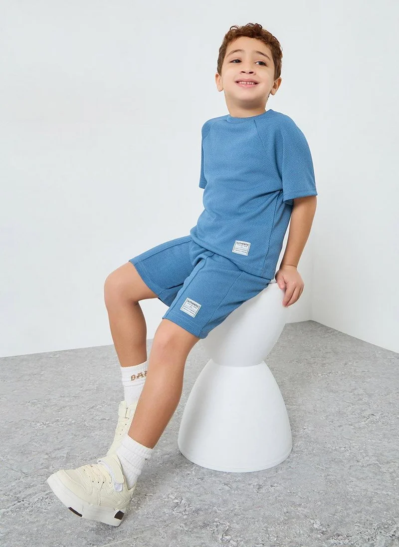 Styli Boys Blue Textured Knit T-Shirt and Shorts Set